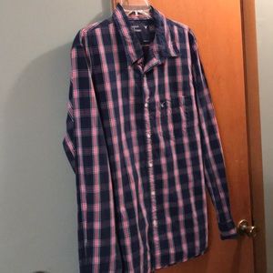 AE Navy, red, white plaid button down.